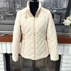 Guess Women Quilted Puffer Jacket Coat Ivory Cream Beige Medium Gold Hardware